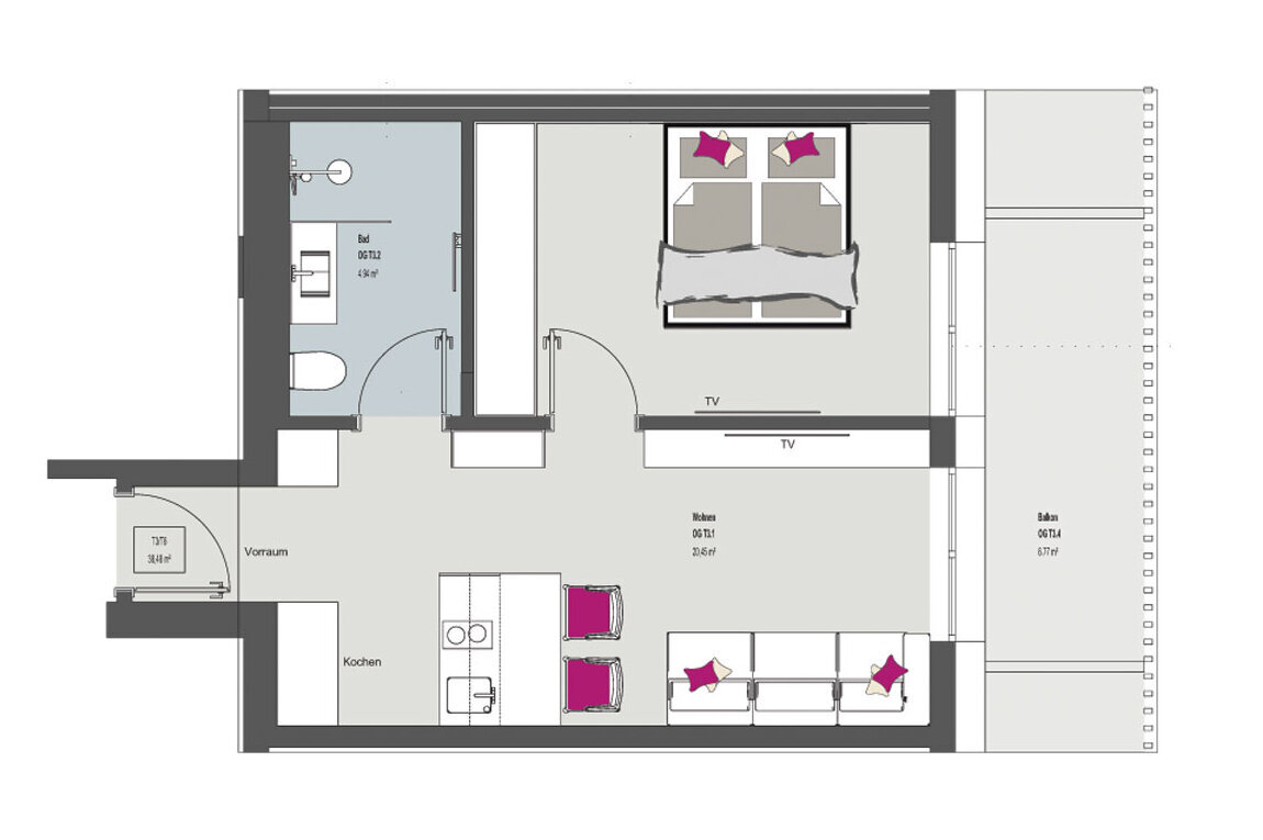 Grundriss einer Wohnung mit einem Schlafzimmer, Bad, Wohnküche und großem Balkon